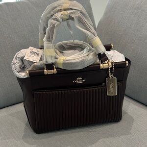 Coach Dark Brown Ribbed Leather Top-Handle Satchel with Gold Hardware